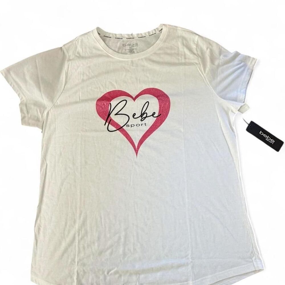 Bebe Women's White Shirt with Pink Sparkle Heart Size 3XL